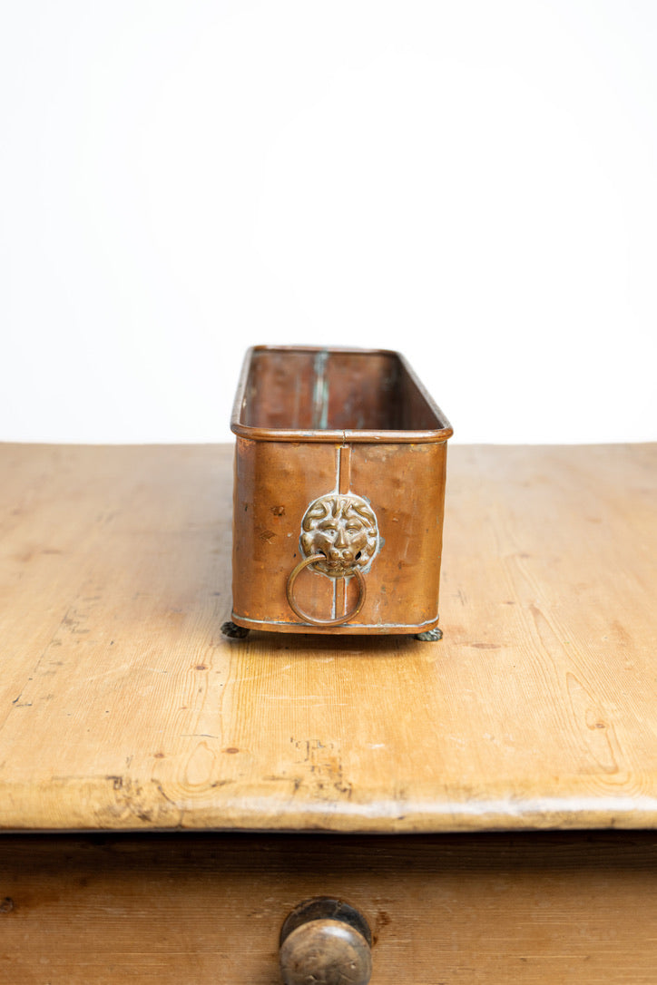 Vintage English Copper Jardinière with Lion Head Ring Handles | Circa 1950s
