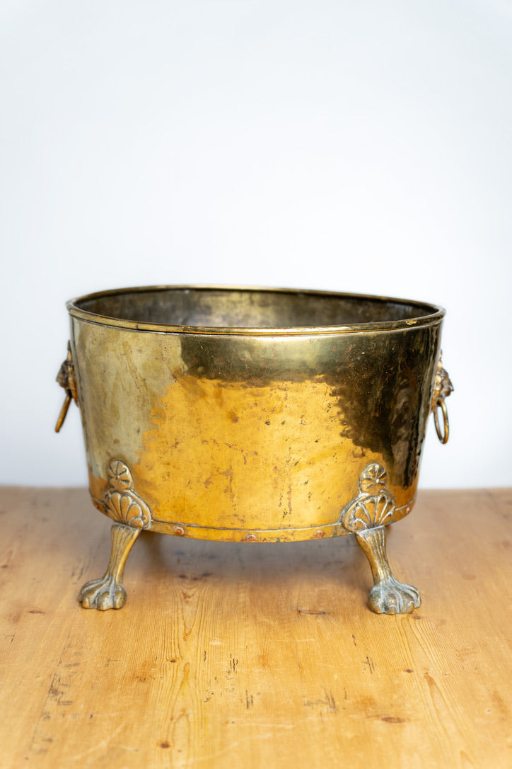 English Brass Footed Coal Bucket with Lion Heads