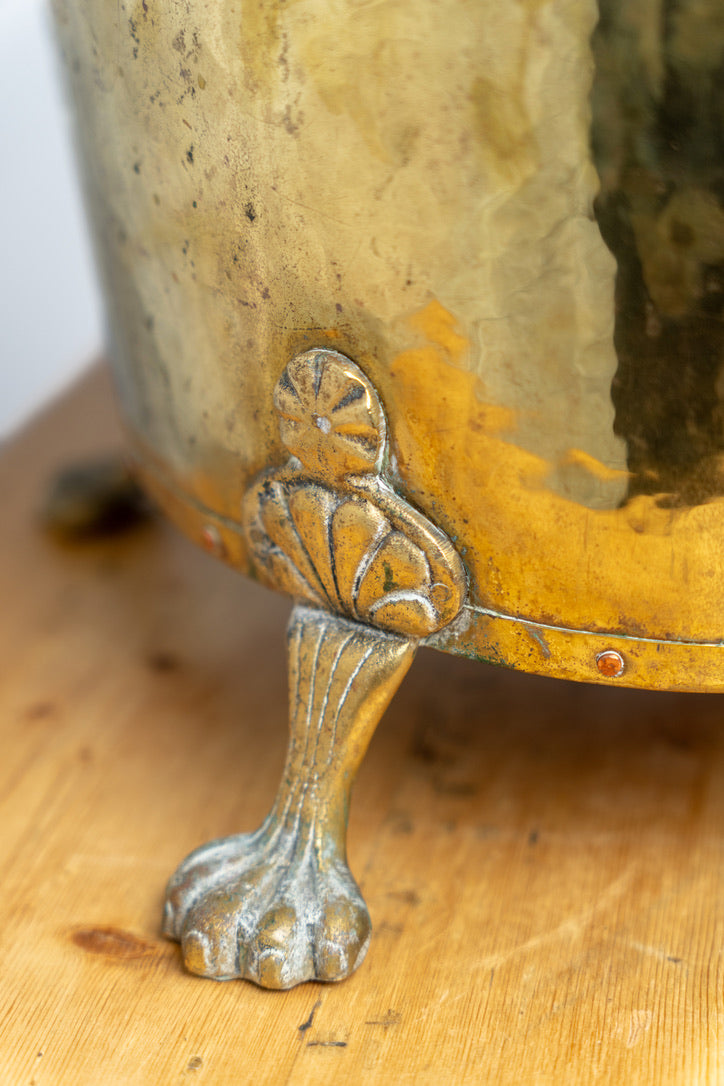 English Brass Footed Coal Bucket with Lion Heads