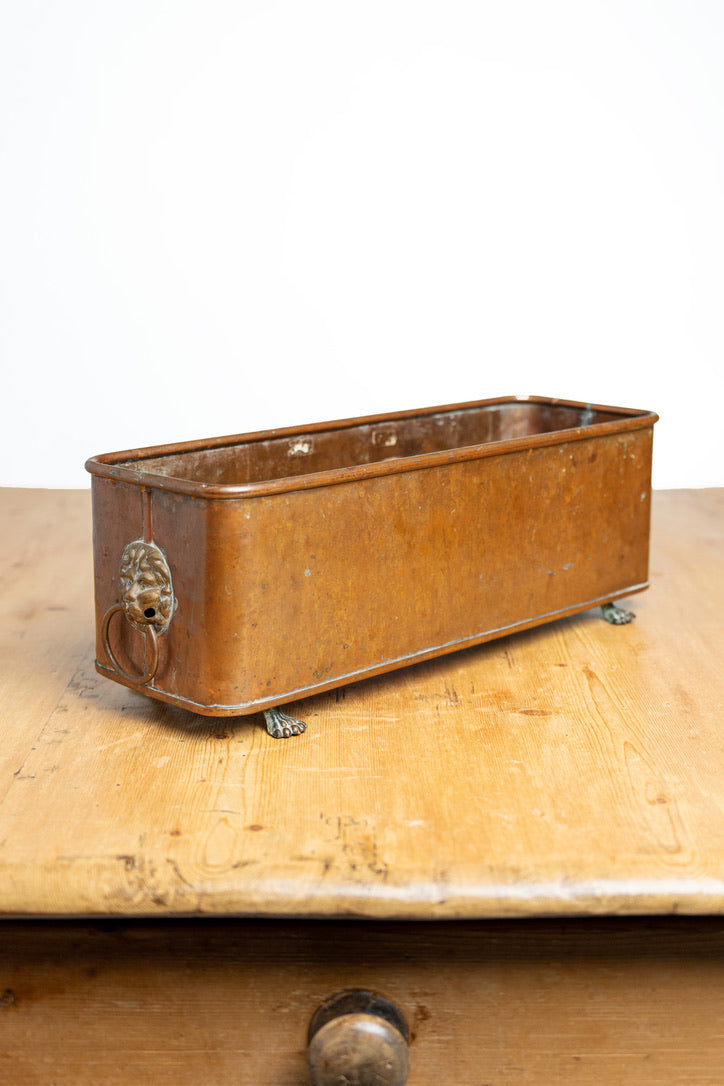Vintage English Copper Jardinière with Lion Head Ring Handles | Circa 1950s