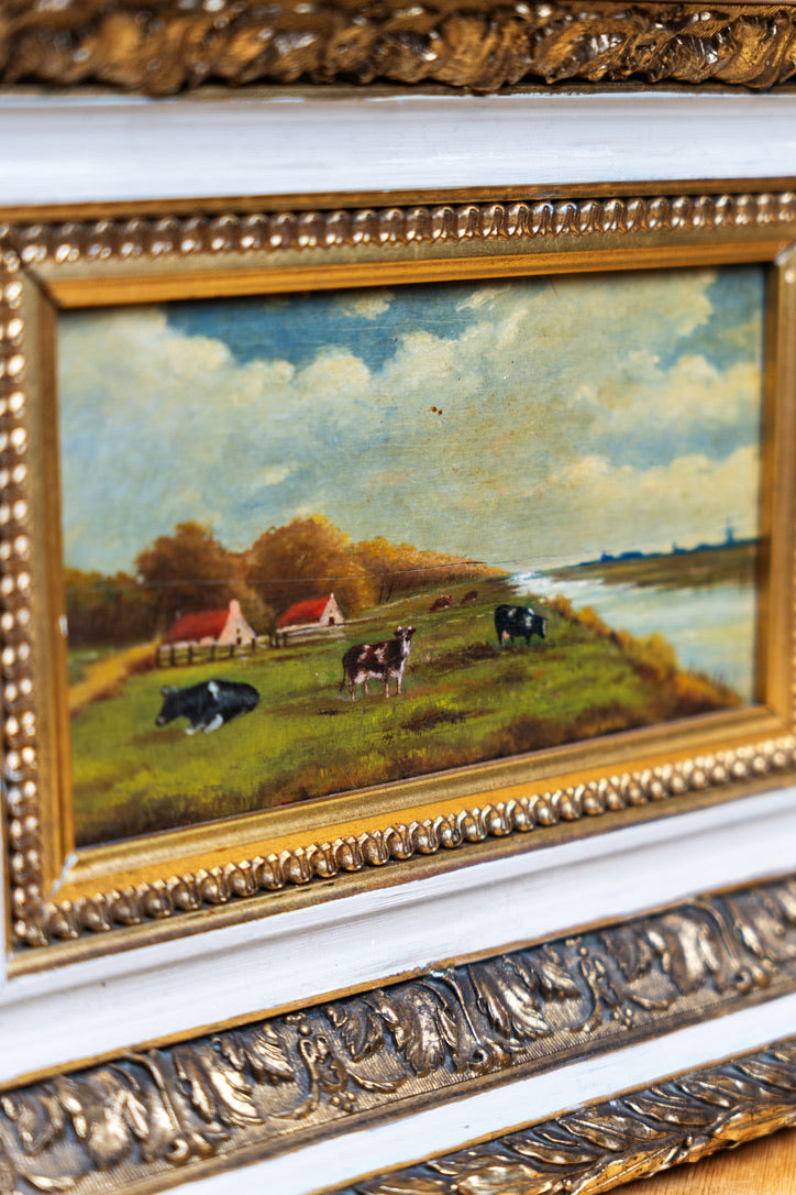 Antique French Oil Painting on Wood Panel “Cows in Meadow”