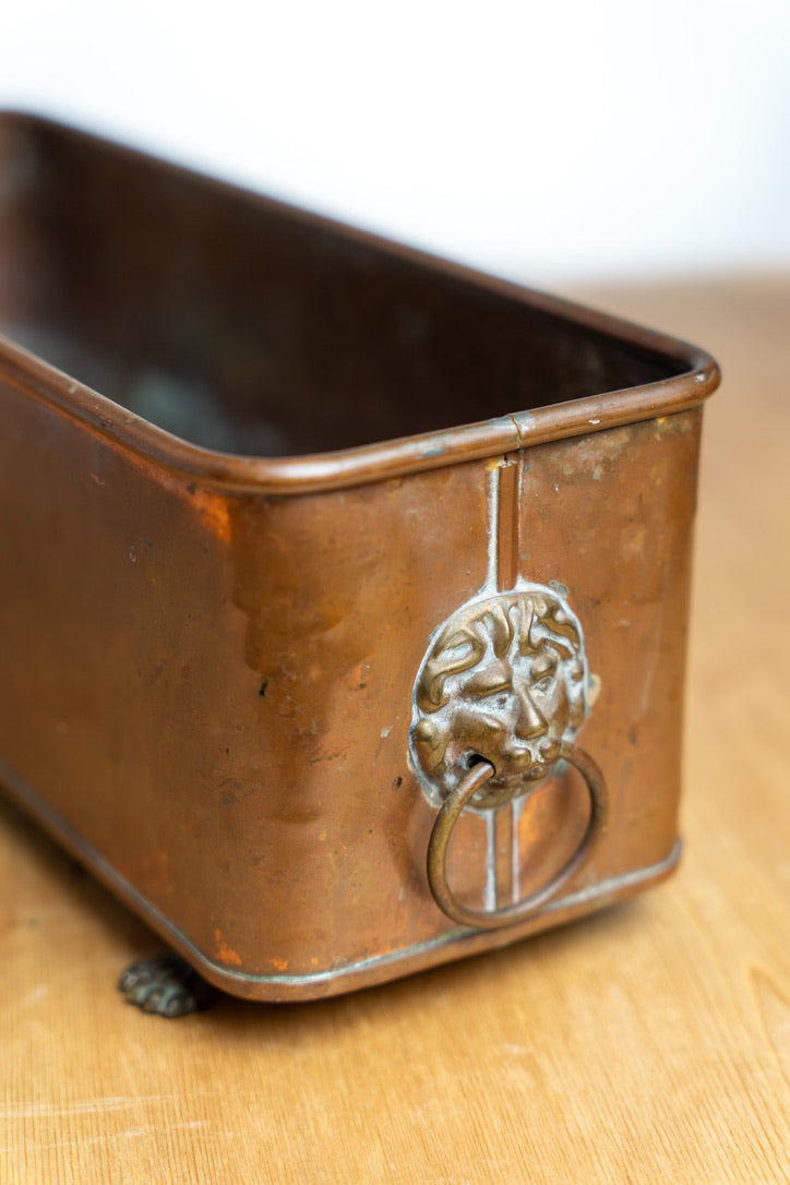 Vintage English Copper Jardinière with Lion Head Ring Handles | Circa 1950s
