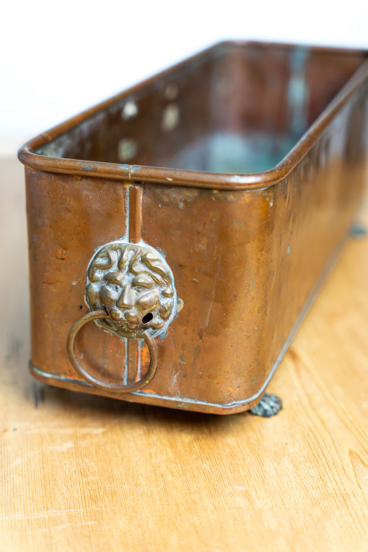 Vintage English Copper Jardinière with Lion Head Ring Handles | Circa 1950s