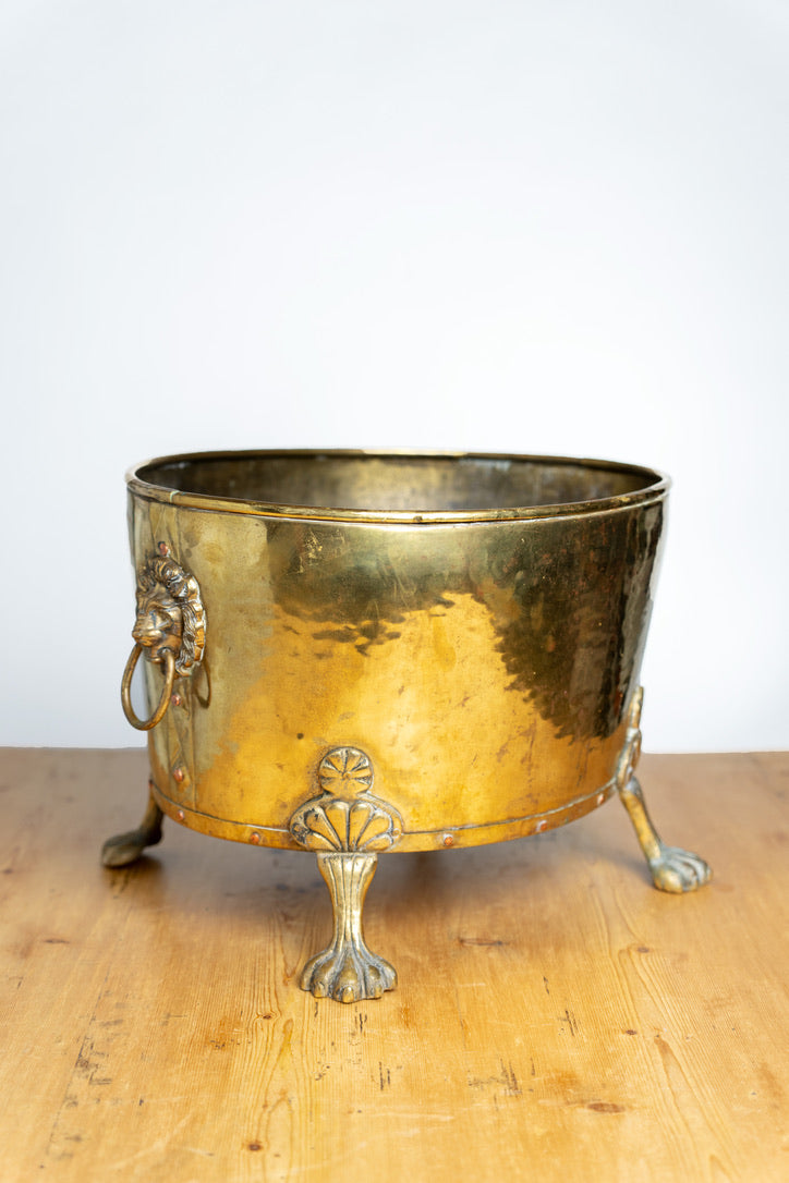 English Brass Footed Coal Bucket with Lion Heads