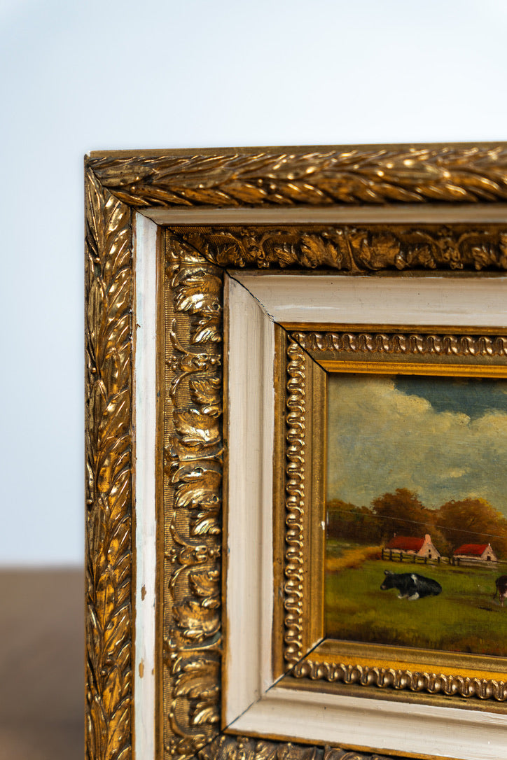 Antique French Oil Painting on Wood Panel “Cows in Meadow”