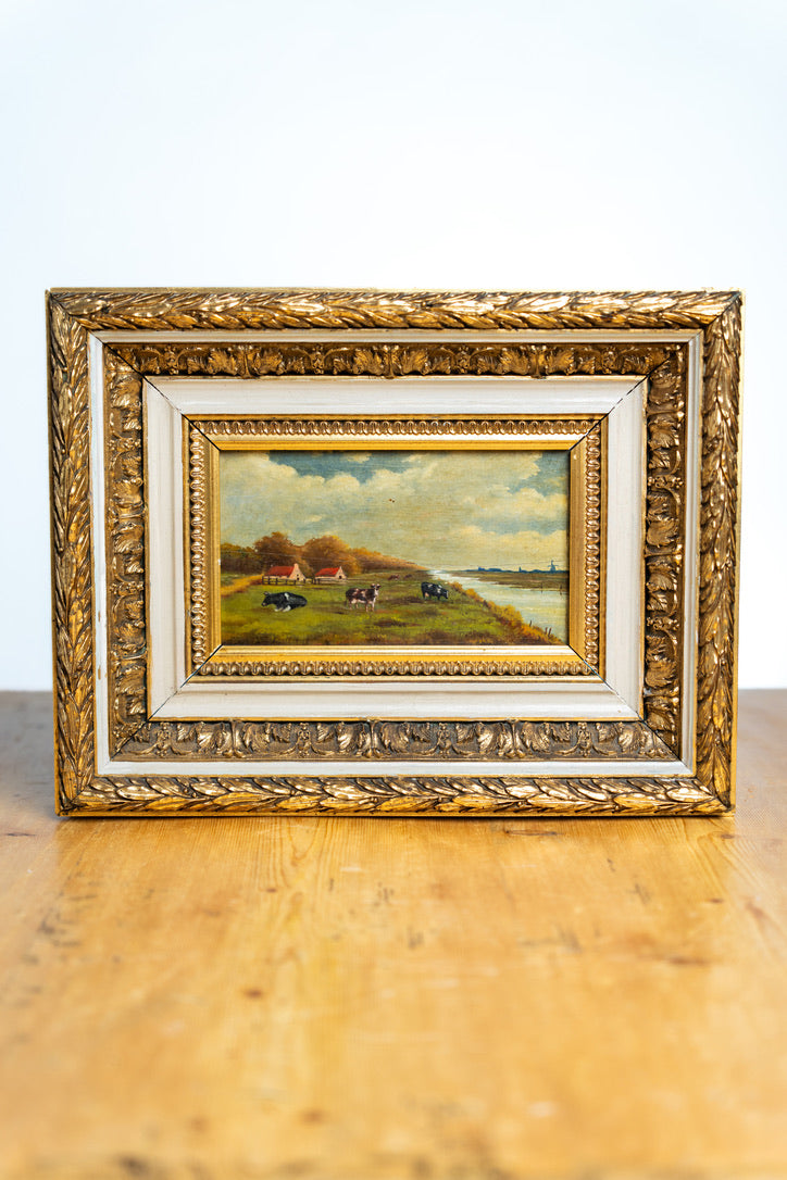 Antique French Oil Painting on Wood Panel “Cows in Meadow”