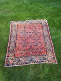 Vintage Persian Hamadan rug, 5x6, rust red Herati fish pattern with navy zigzag border, laid flat on grass